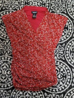 2000s Red V Neck Mesh Blouse